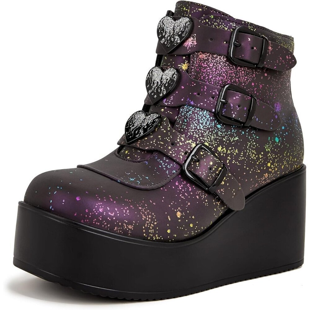 Lucky Step Women Navy Reflect Round Toe Zipper Wedges High Heel Rave Buckle Boot